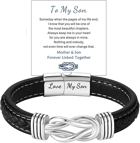 Coolvy Pulsera de cuero negro para hombre madre e hijo para siempre unidos a Navidad cumpleaños graduación inspiradora pulsera de cuero trenzado