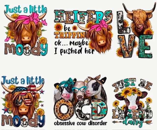 6個 Highland Cow Series Direct to Film 熱転写ビニールパッチ DIYファッションアパレル用転写ス