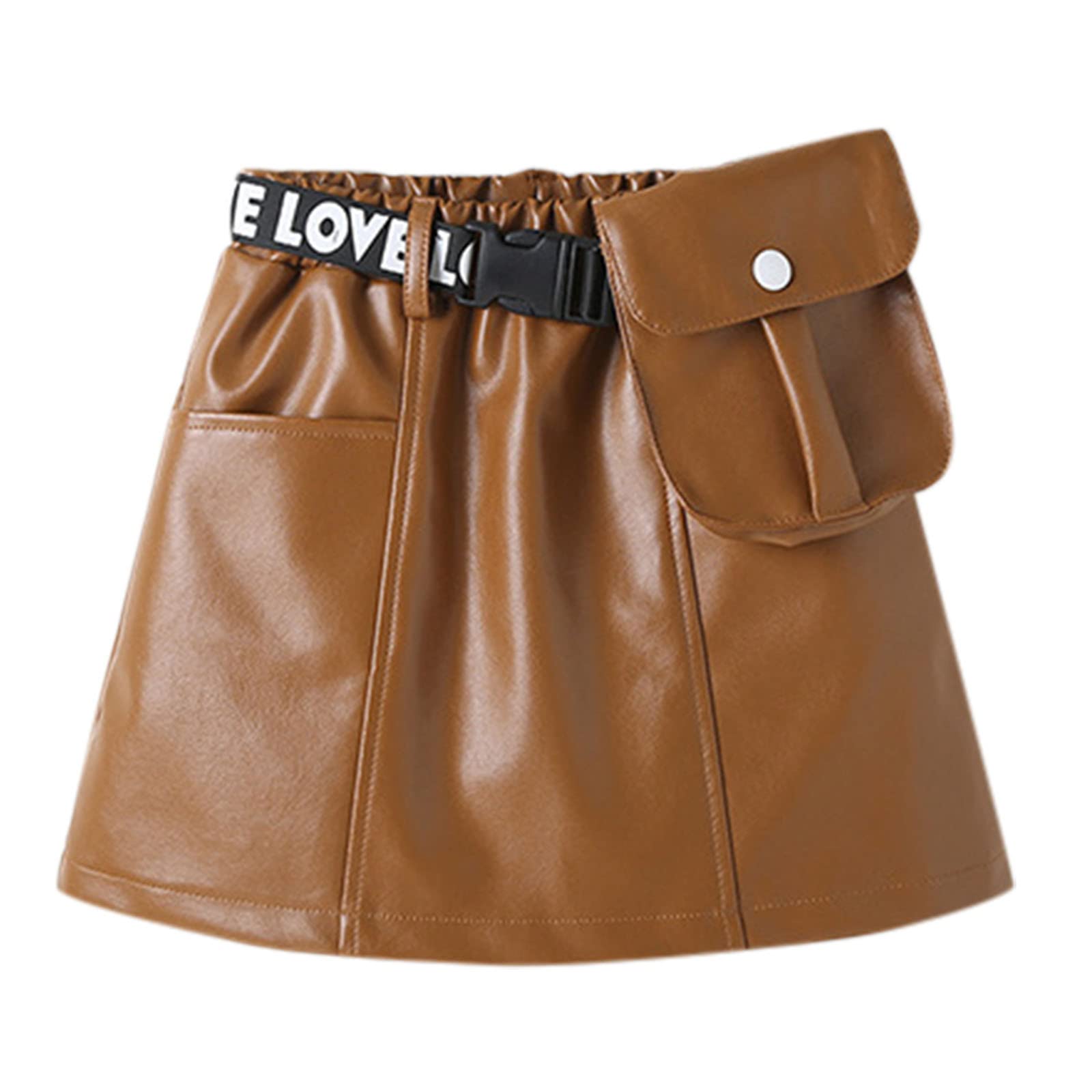 RNTOP Kids Toddler Girls Patchwork PU Leather Skirt Baby Girl Elastic Waist A-Line Leather Skirt with Pocket (BW1, 3-4 Years)