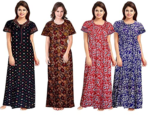 Image of Keyocean Women's Cotton Printed Maxi Night Gown Nighty (Pack of 4) Black, Brown, Red & Blue
