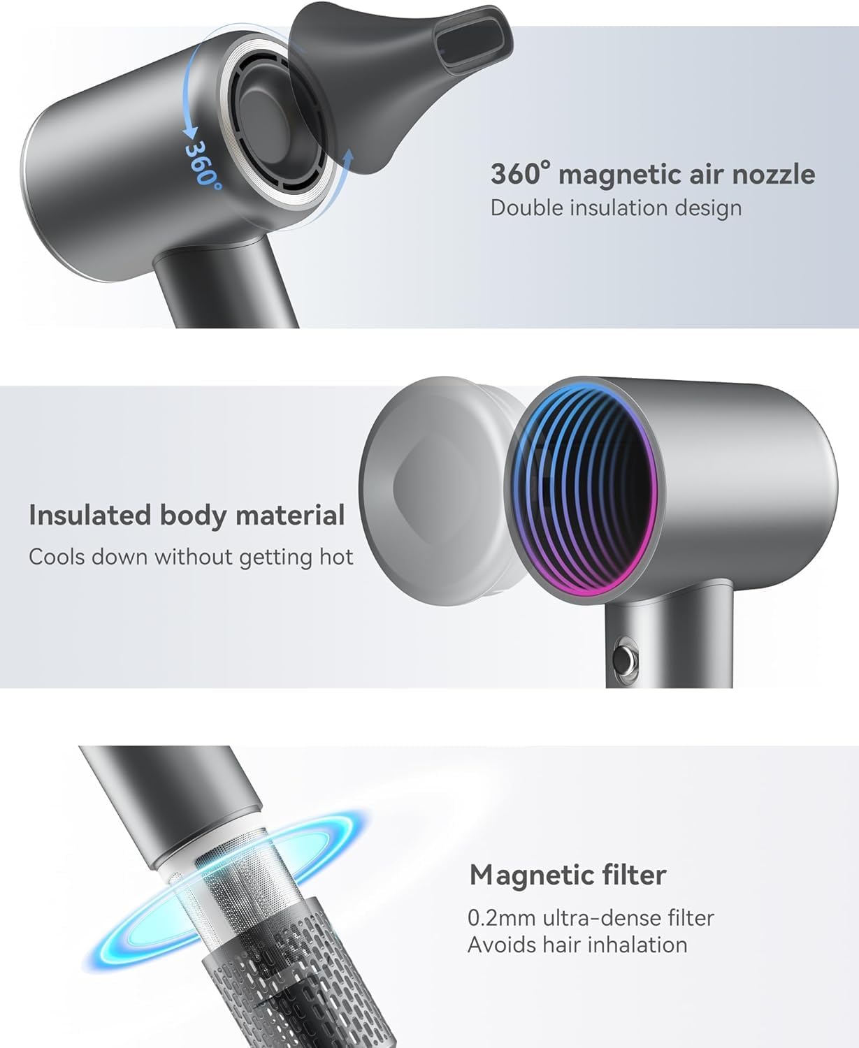 Hair Dryer Ionic Blow Dryer with Diffuser for Curly Hair, 1500W High-Speed Brushless Corded with 150,000 RPM, Fast Drying Low Noise Thermo-Control Hairdryer with Nozzle for Home Travel - Image 7