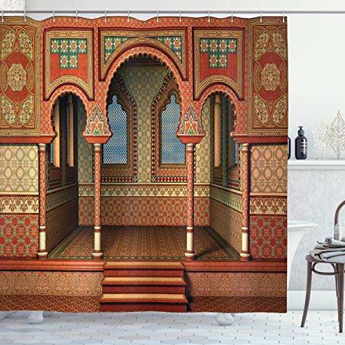 Ambesonne Orient Shower Curtain, Middle Eastern Oriental Style Interior Palace Architecture Vintage Art Design, Cloth Fabric Bathroom Decor Set with Hooks, 75" Long, Golden Red