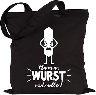 JUNIWORDS Jutebeutel, Wähle ein Motiv & Farbe, Mama, Wurst ist alle! (Beutel: Schwarz, Text: Weiß)