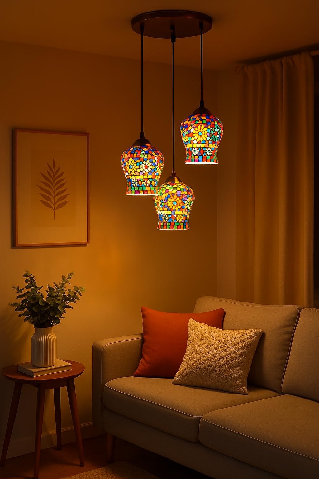 TRIPPING Multicolour Mosaic Glass 3-Light Chandelier Pendant Lamp: Antique Decorative Ceiling Hanging with E27 Holder and 9Watt Bulbs Traditional Handcrafted Look for Living Room or Dining Area