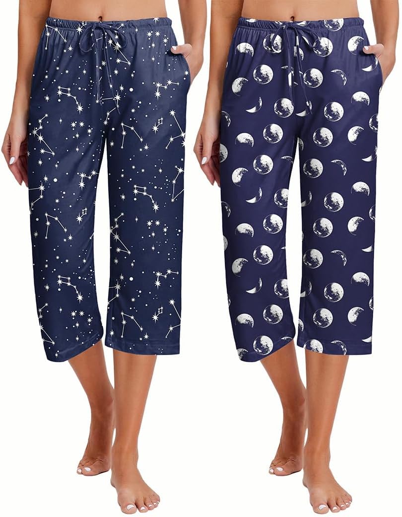 Ekouaer 2 Pack Women's Capri Pajama Pants Printed Drawstring Comfy Pj Bottoms With Pockets