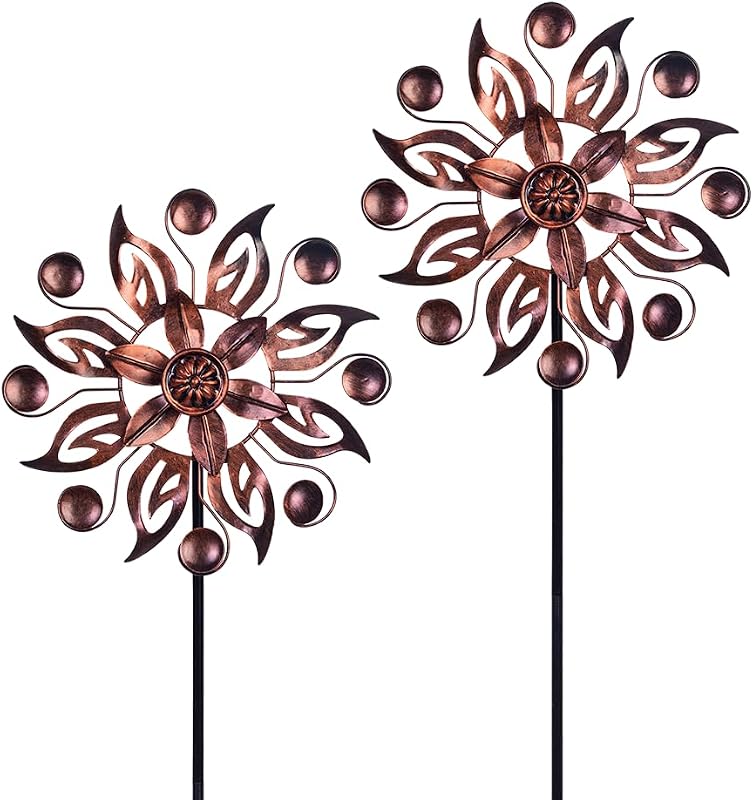 2PCS Outdoor Wind Spinner,Metal Wind Spinners Yard Decor Pinwheel,Copper Wind Sculptures & Spinners for for Garden, Patio, Lawn(10" Dia * 37" H)