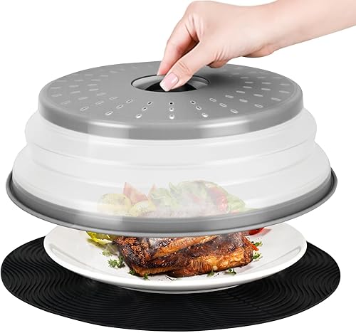 WENWELL Cubierta y alfombrilla para salpicaduras de microondas de 12 pulgadas, tapa de plato plegable grande ventilada y alfombrilla de cocina gris