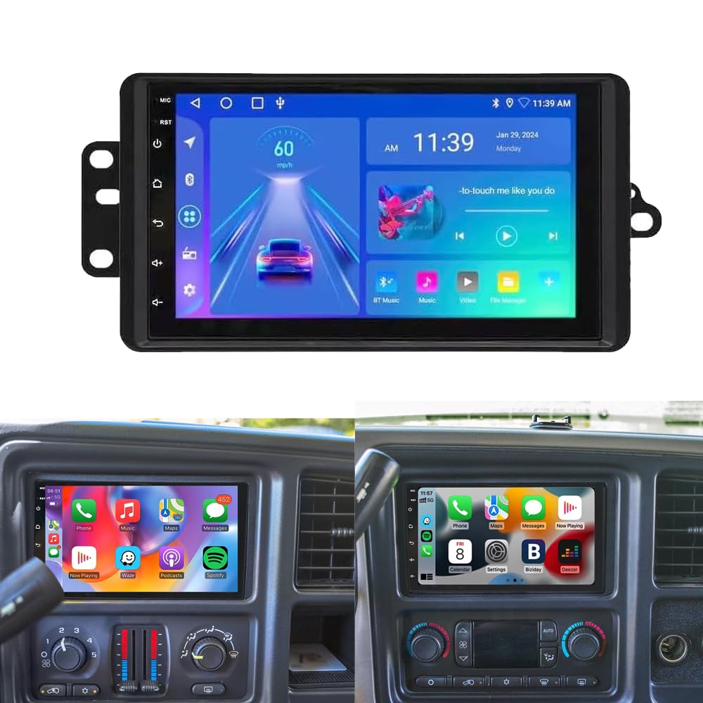 Depan view of the Loddery 7-inch Android 13.0 Car Stereo with a dynamic car image on its screen.