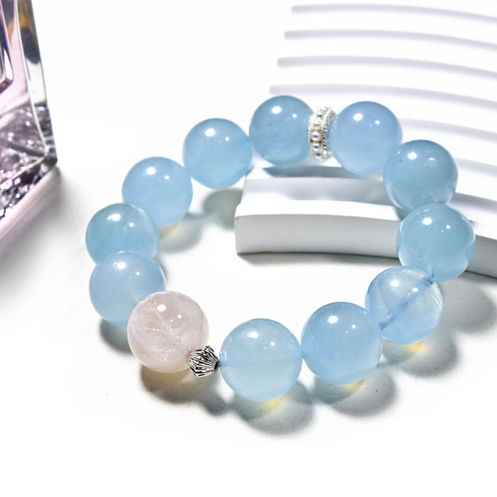 Pulsera de Piedra Aguamarina, auténticas Pulseras elásticas con múltiples Piedras Preciosas, Cuentas de Cristal Azul Claro para la Paz y la claridad, joyería elástica meditación,A