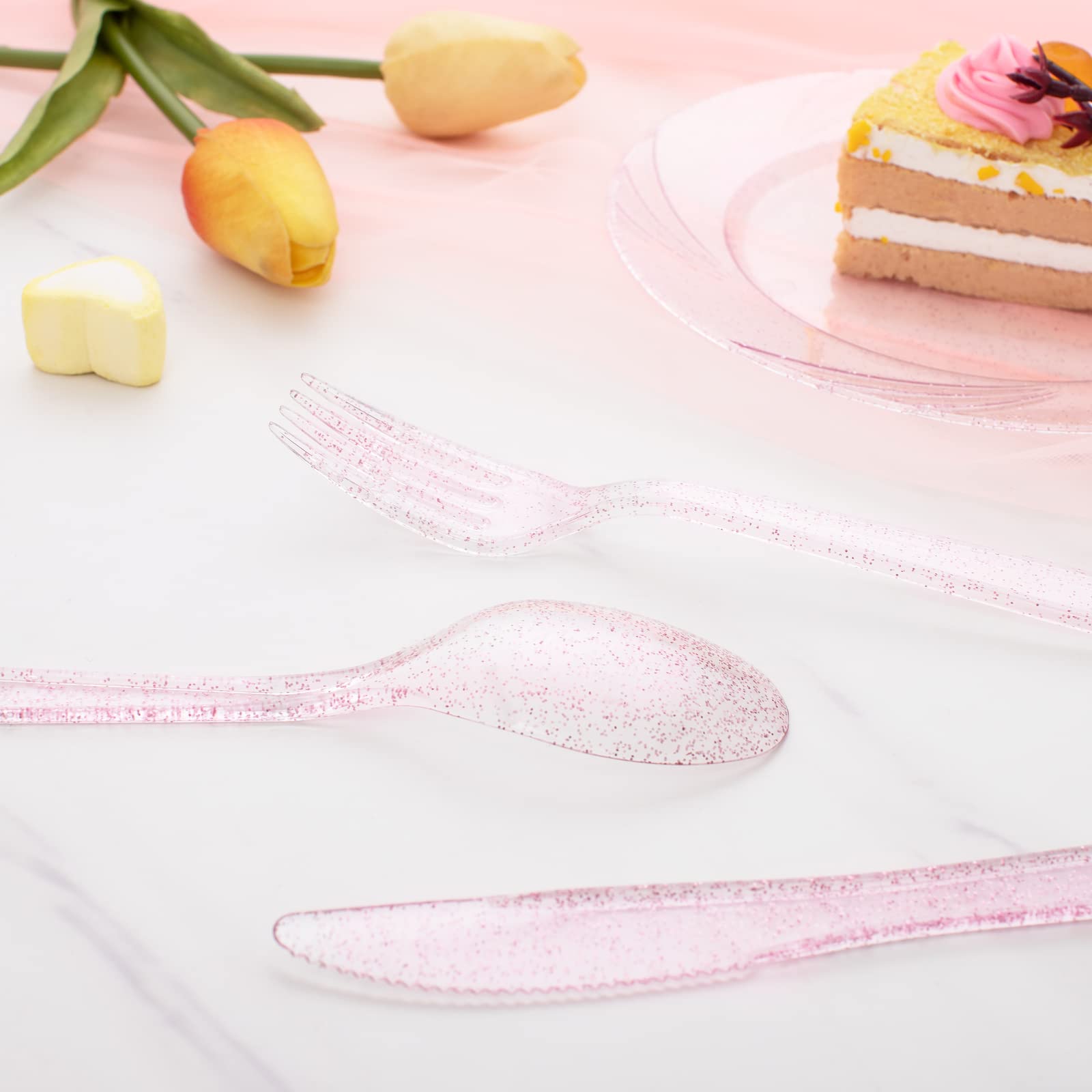 Pink Glitter Plastic Cutlery - Disposable Silverware -3 Pink Glitter Plastic Cutlery - Disposable Silverware -3