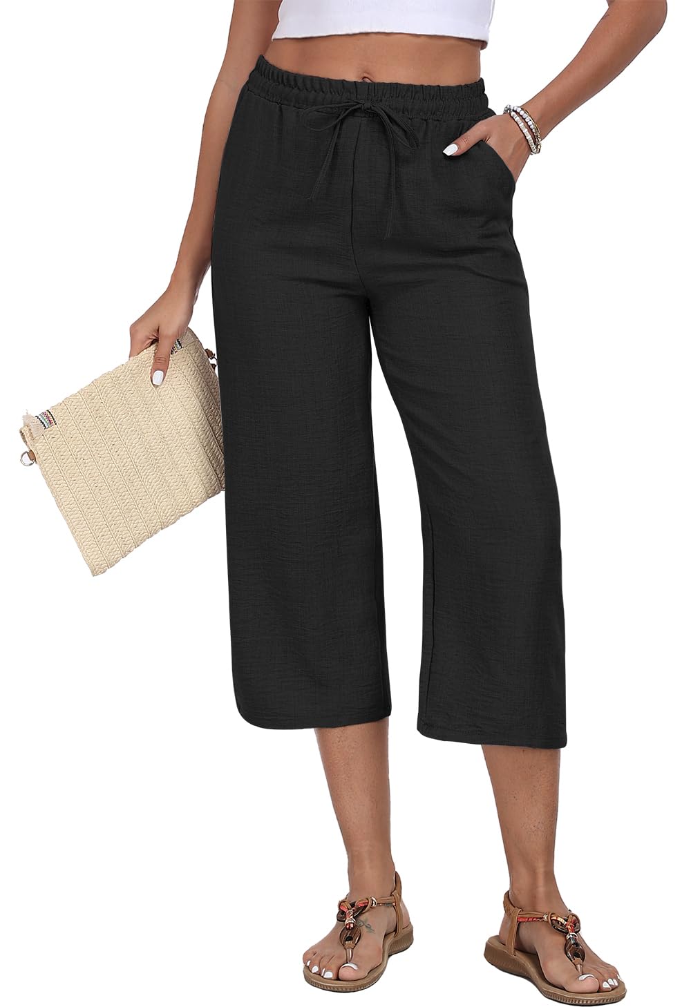 Womens Capri Pants Summer Elastic Waist Casual Business Pants Work Lounge Pants with Pockets