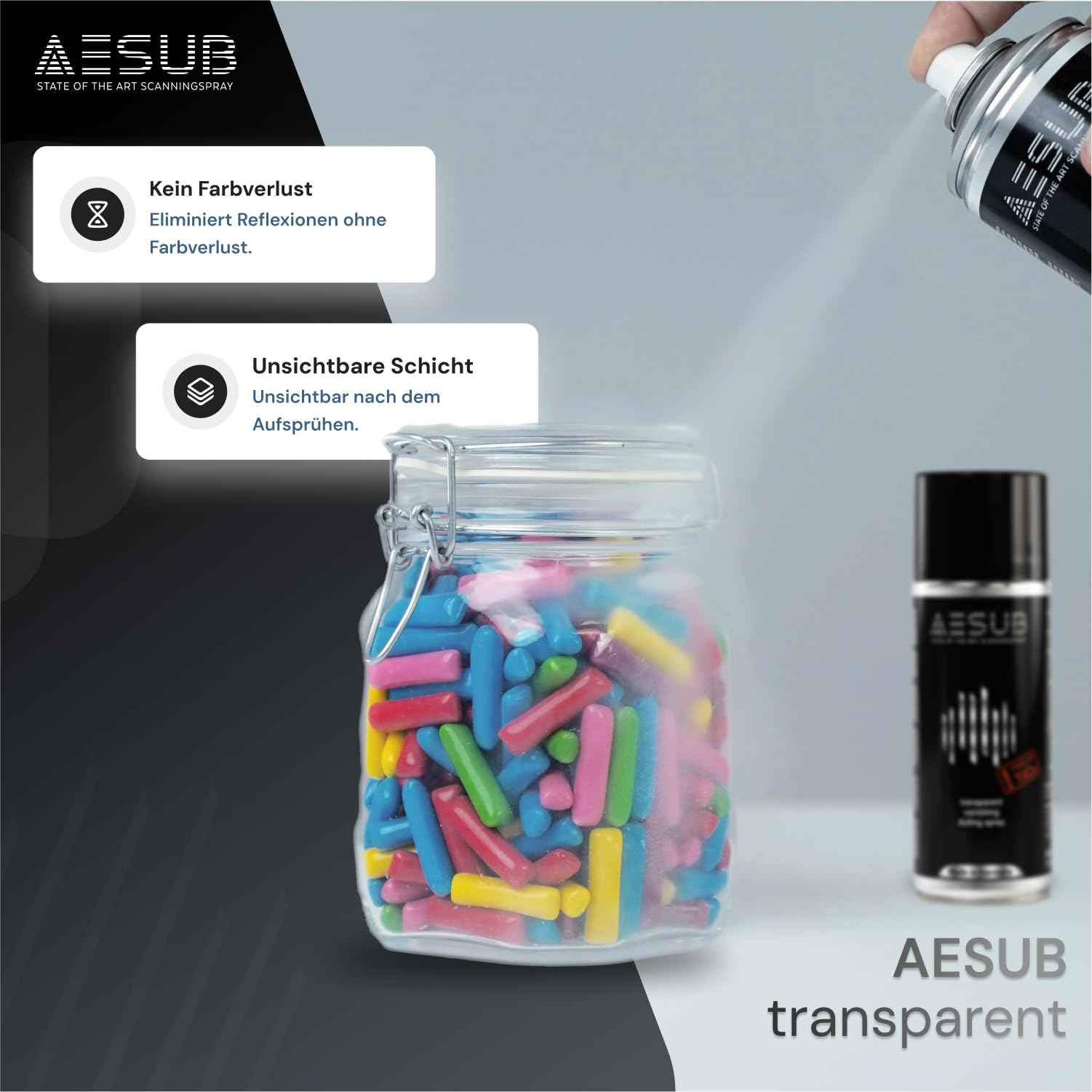 AESUB transparent 3D Scanningspray – 400 ml transparentes, selbstverflüchtigendes Scanspray ohne Pigmente, erhält Farbinformationen & eliminiert Reflexionen, für 3D-Scan & Fotografie, Made in Germany