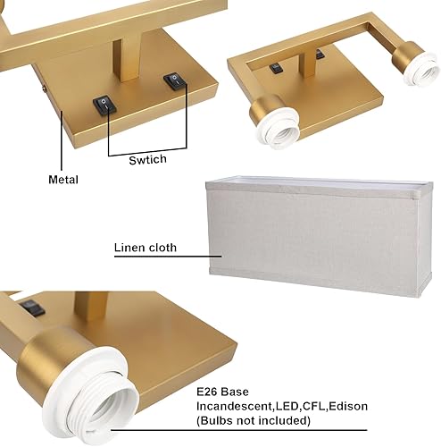 Miniatura 6 de Yosoan Lámpara de pared bohemia de tela de lino con interruptor de encendido y apagado, 2 luces, acabado de latón cableado, lámpara industrial