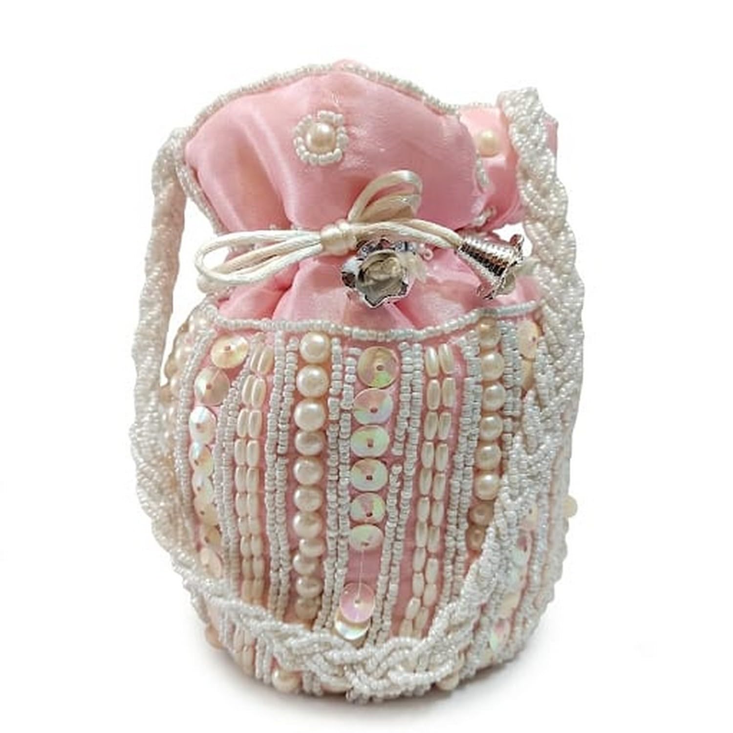 JYOTI APPARELS Women Handmade Velvet Potli Bag | Embroidered Pearl Beaded Drawstring Bucket Purse | Ethnic Wedding Bridal Festive Return Gift Pouch | Designer Handbag (Pink)-image-42