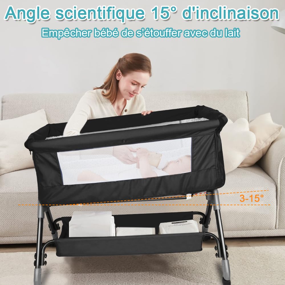 homewell 2 in 1 Beistellbett Baby & Babywiege mit Moskitonetz, 4 Fach Höhenverstellung und Neigungsverstellung, Stubenwagen Baby Faltbar, für Zuhause und Unterwegs (Schwarz)
