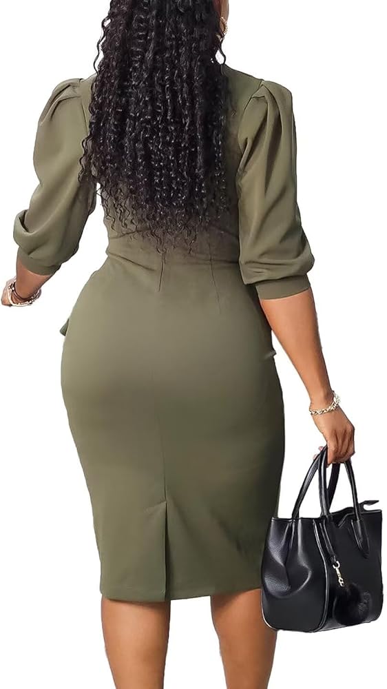 olive green pencil dress Short Sleeve Midi Shift Pencil Dress with Pocket Army Green – Divahotcouture main image 0