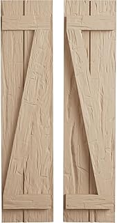 Ekena Millwork 11"W x 64"H Rustic Two Board Joined Board-n-Batten Hand Hewn Faux Wood Shutters w/Z-Board (Per Pair), Primed Tan