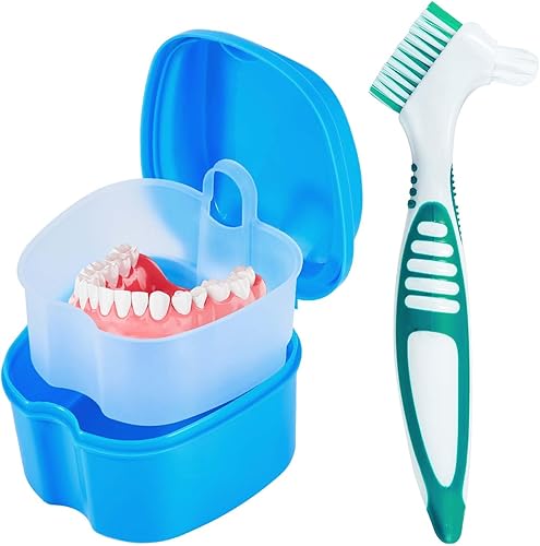 Caja de baño para dentaduras con recipiente, vaso y portacepillos de color azul claro, con cepillo limpiador de dentaduras, colador y cesta para