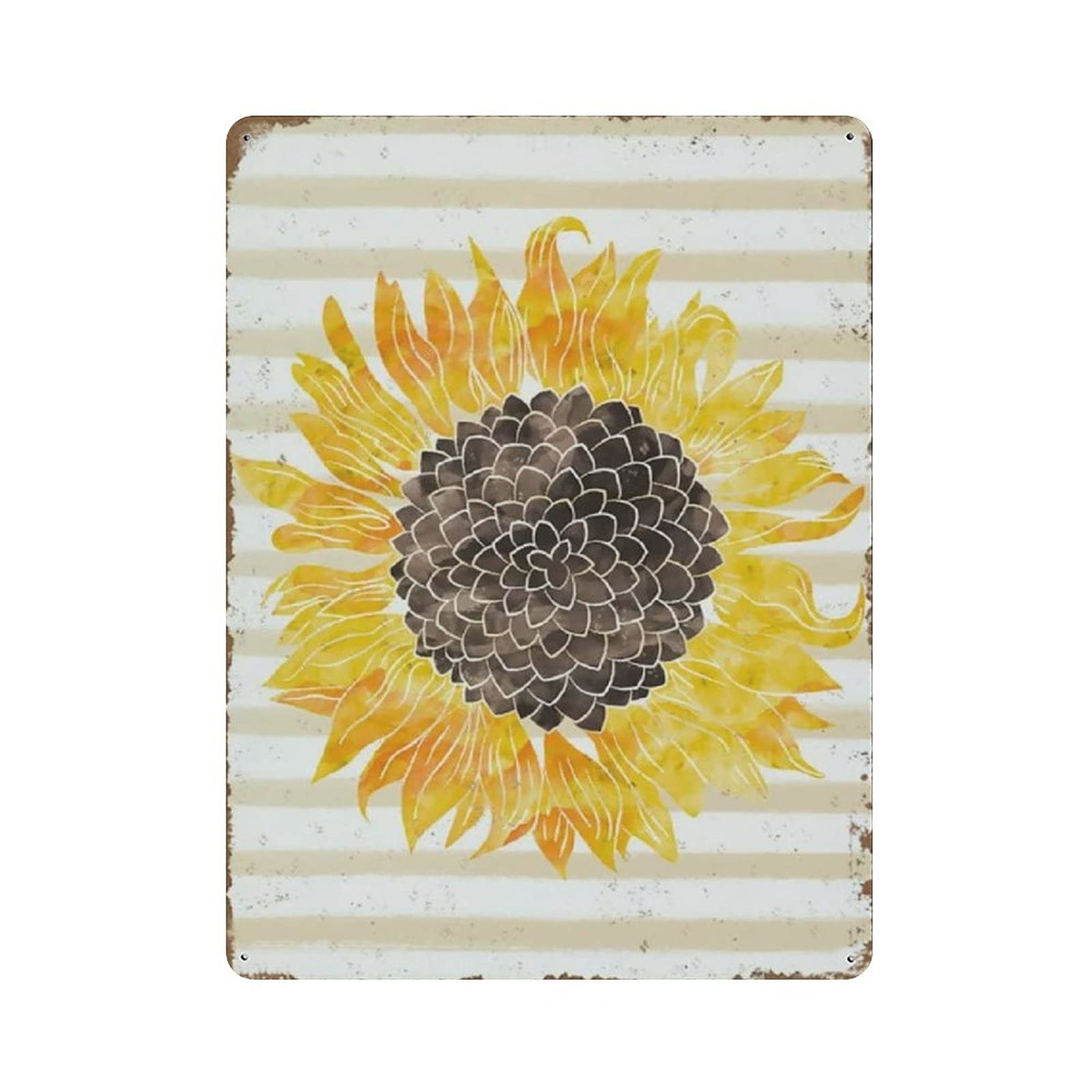 Metal Tin Sign Sunflower Watercolor Tan Stripes Vintage Tin Poster Metal Sign Wall Decoration Country Kitchen Home Garage Decor 16"x12"