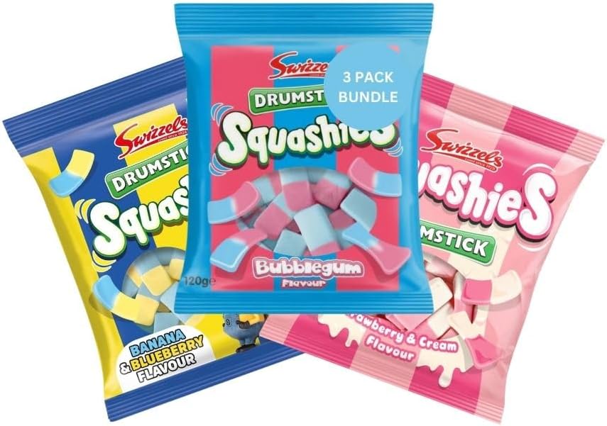 Squashies DrumStick Banana & Blueberry, Strawberry & Cream, Bubblegum Flavors - Variety Pack- 120G (3 PACK BUNDLE) - Imported from UK (V3)