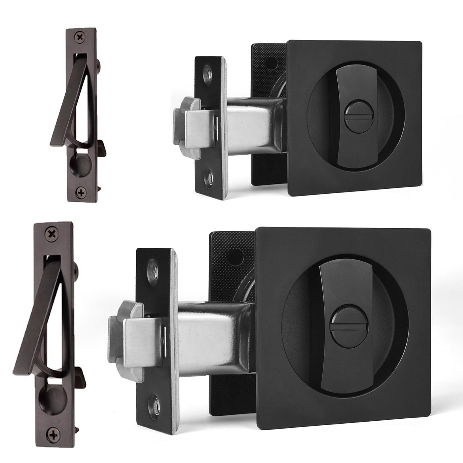 Dontay 2 Pack Pocket Door Privacy Lock, Flush Handles, 2-3/8" Backset, (Bed/Bath) Latch, Recessed Knob, Hardware for 1 3/8” to 2 3/16” Thickness Door (Including Edge Pull, Matte Black, Square)