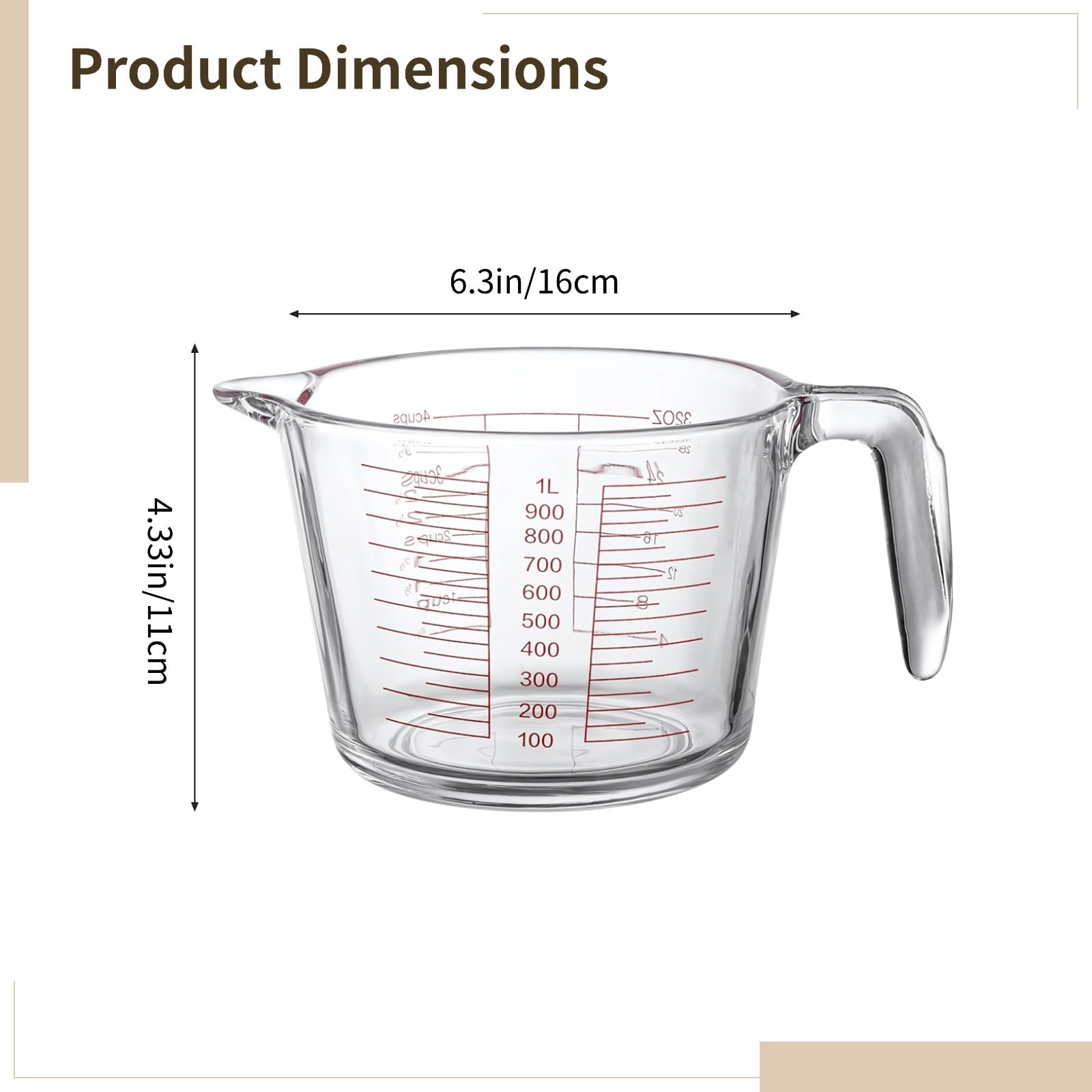 Messbecher aus Glas, 1000 ml, hitzebeständiges Borosilikatglas, rote gut lesbare Skala, Ausguss, integrierter Griff, Siebeinsatz, Maße in ml, oz und Cup, für Kochen und Backen