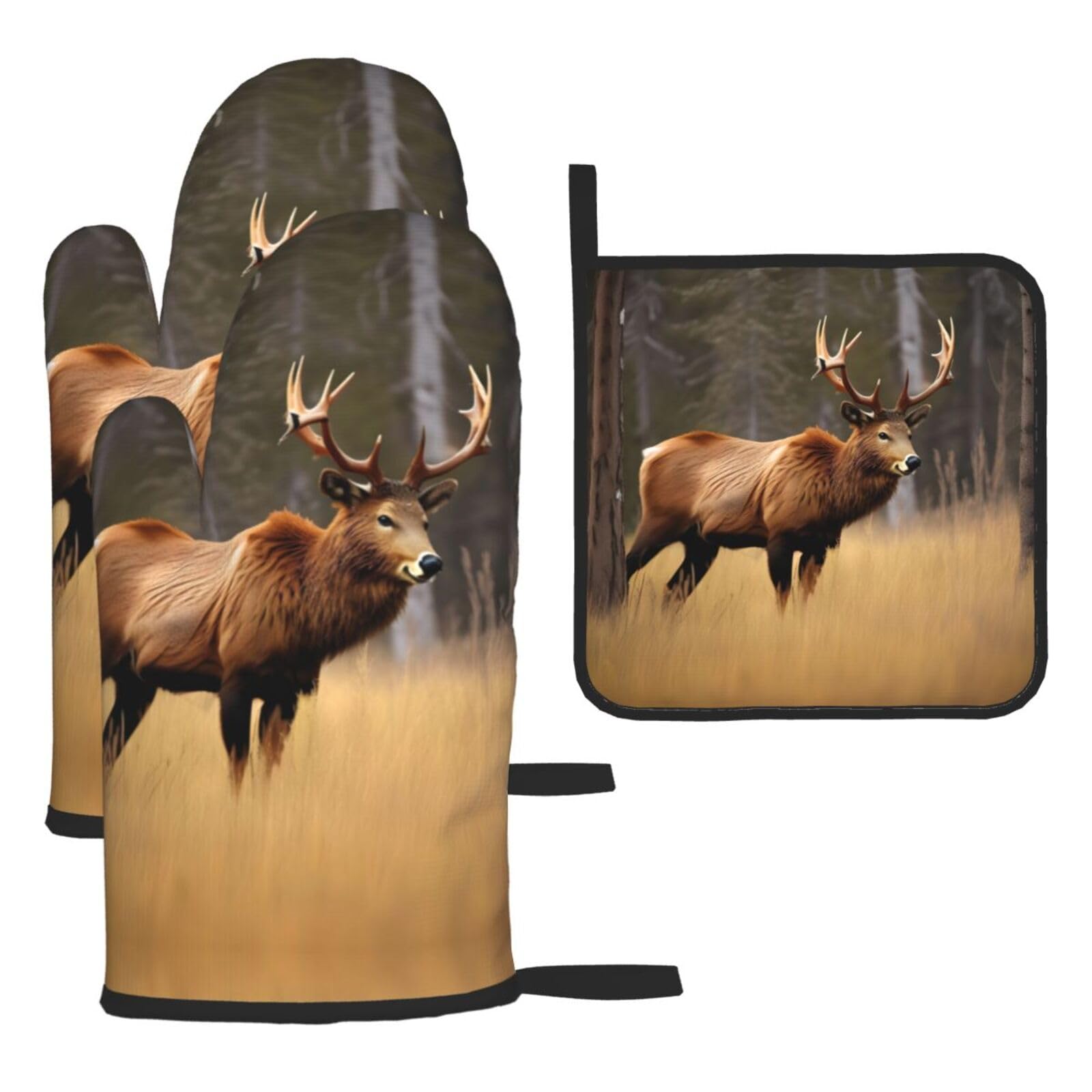 Wildlife Deer Bear Elk Print Oven Mitts and Pot Holders Sets of 4,Resistant Hot Pads with Non-Slip Gloves for Kitchen,Cooking