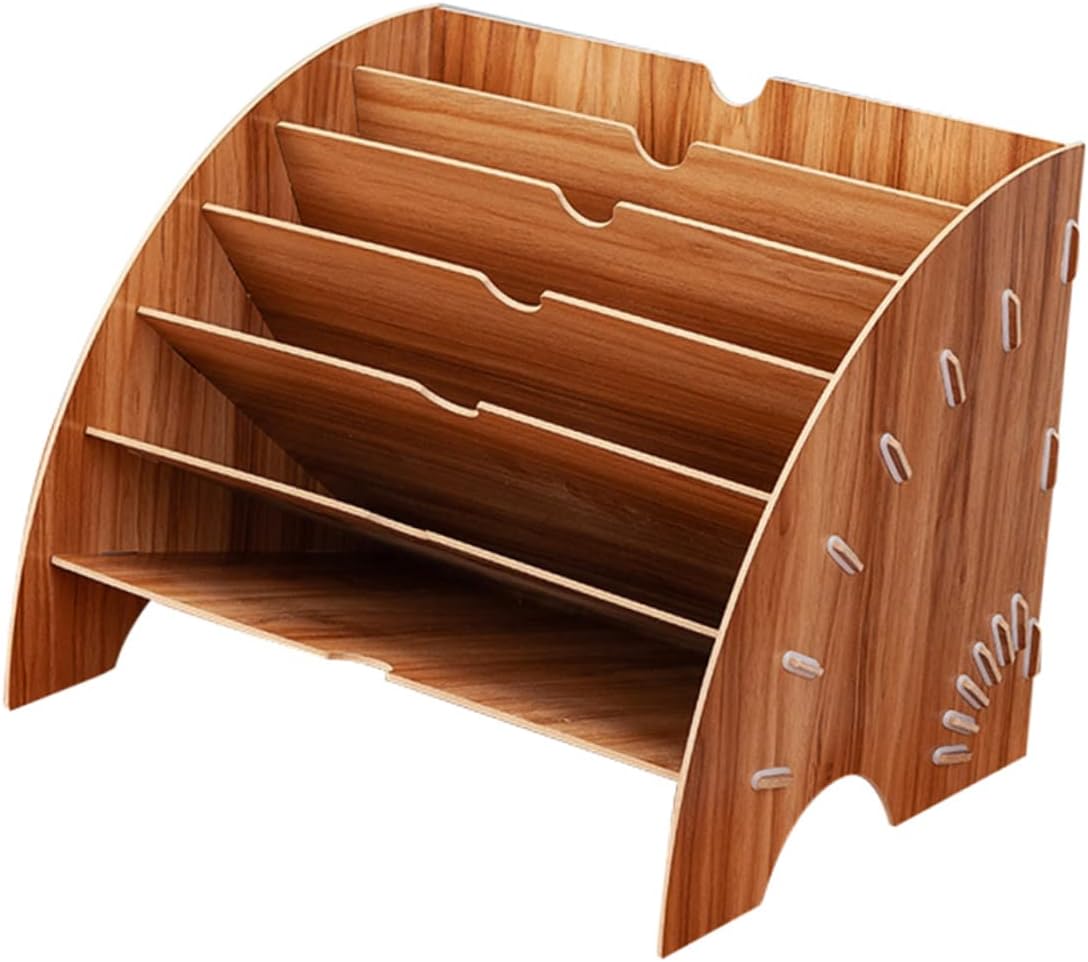 1Pc Fan Shaped Wooden File Storage Rack Multi Desktop Bookshelf for Documents Cherry Finish for Home Office Organization