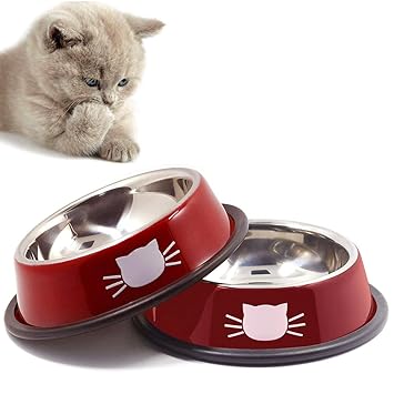 Petfamily Cat Dishes Stainless Steel Bowls for Small Cats and Dogs with Non-Skid Rubber Base, Pet Food and Water Bowls, 8 Ounce, Set of 2 (Red)