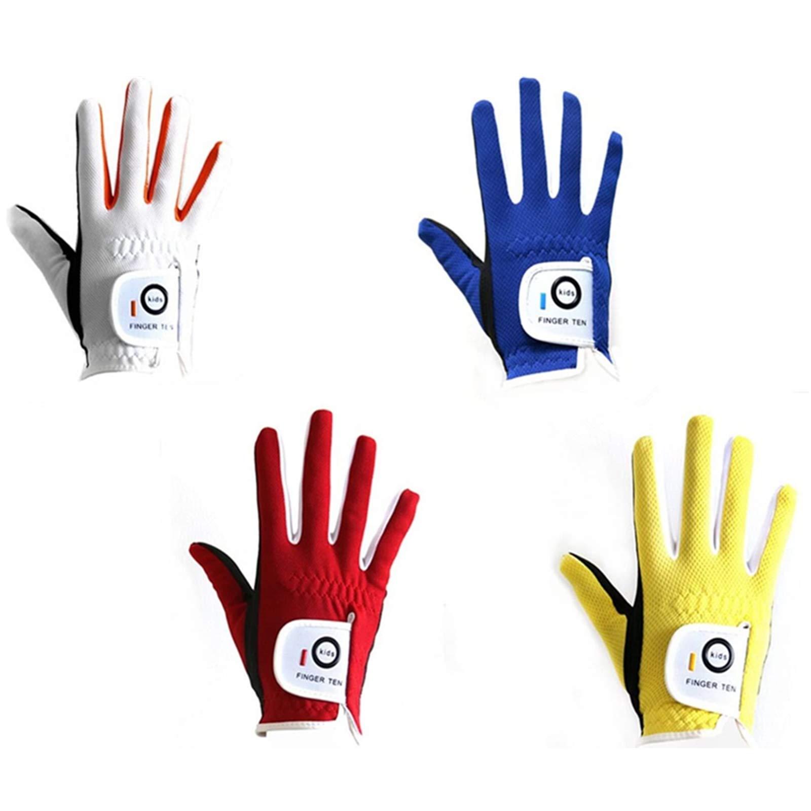 FINGER TEN Junior Kids Dura Feel White Blue Red Yellow Golf Gloves (Small White, Right)