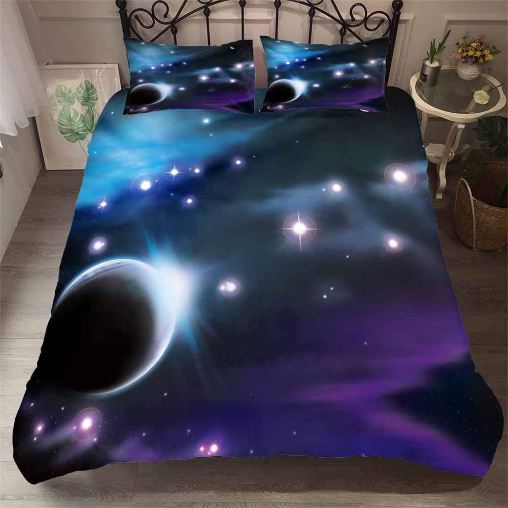 Housse de couette 2 personnes 260x220 cm imprimé lune univers 3 pièces