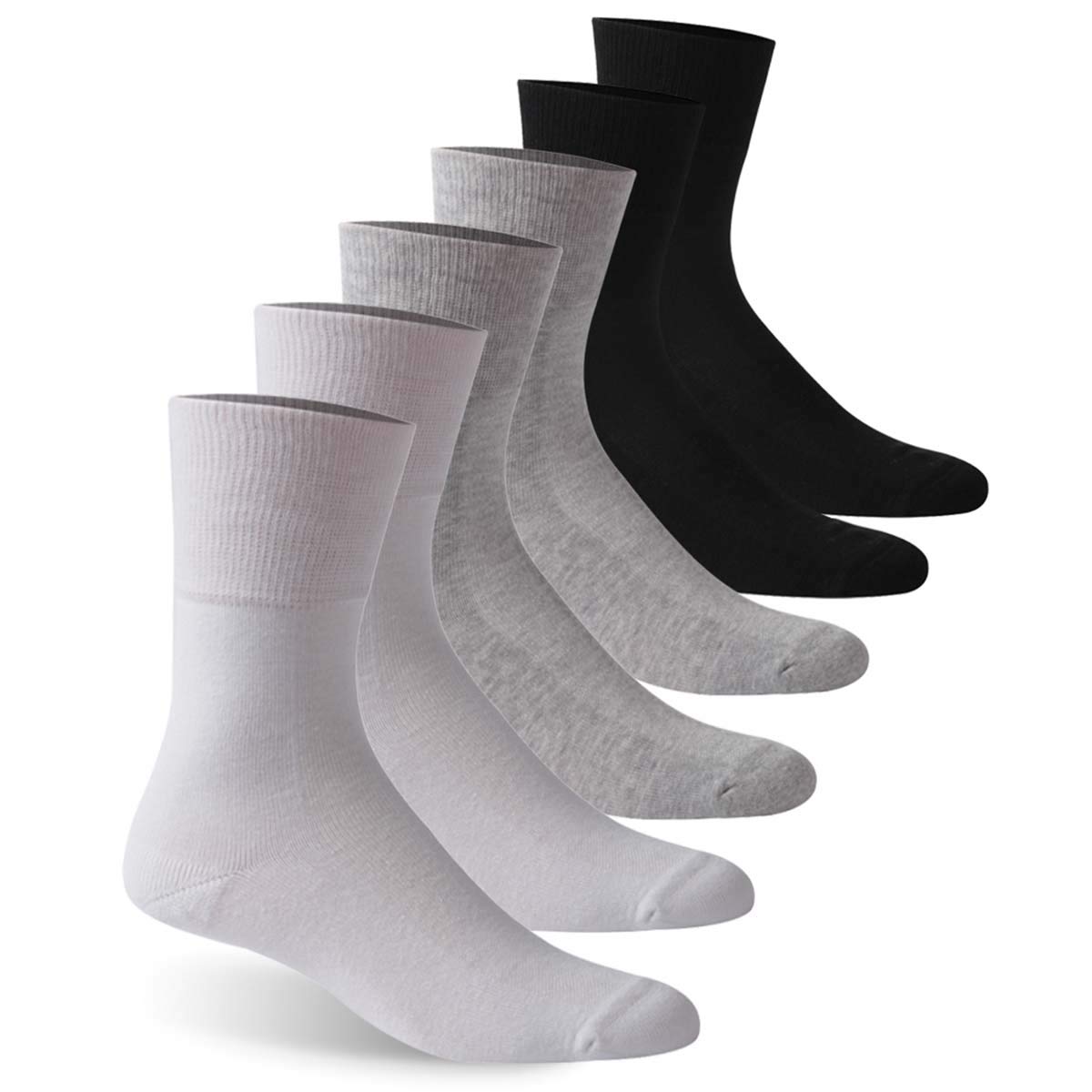 Facool Calcetines para diabéticos para hombre y mujer, sin costuras, parte superior suelta, sin costuras, de algodón, para diabetes, color blanco/gris/negro, 6 pares grandes