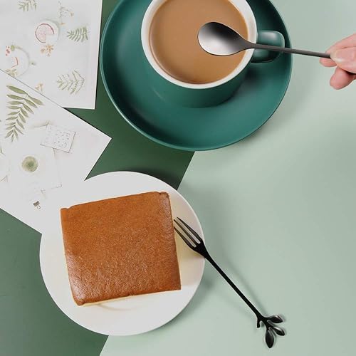 Miniatura 5 de AnSaw Soporte de base de cisne negro con 20 cucharas de café y tenedores de postre con mango de hoja pequeña de 4.7 pulgadas (negro, 10+10)