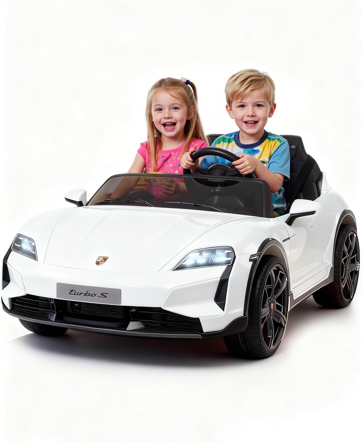 Joywhale 24V Porsche Licensed Kids Ride On Car, 2-Seater Electric Vehicle with Remote Control, 3 Speed Modes, LED Headlights, Bluetooth Music Player and 2WD, White