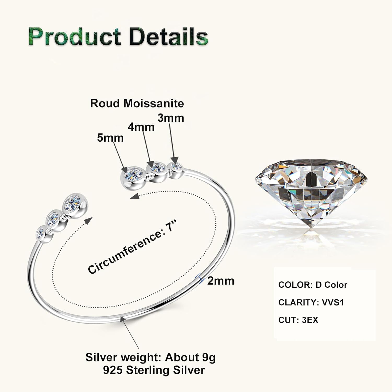 Moissanite Cuff Bangle, 1.8cttw D Color VVS1 Clarity Bracelet fit 7" Below Wrist, 925 Sterling Silver Bangle for Women Wife or Girlfriend Birthday Gifts