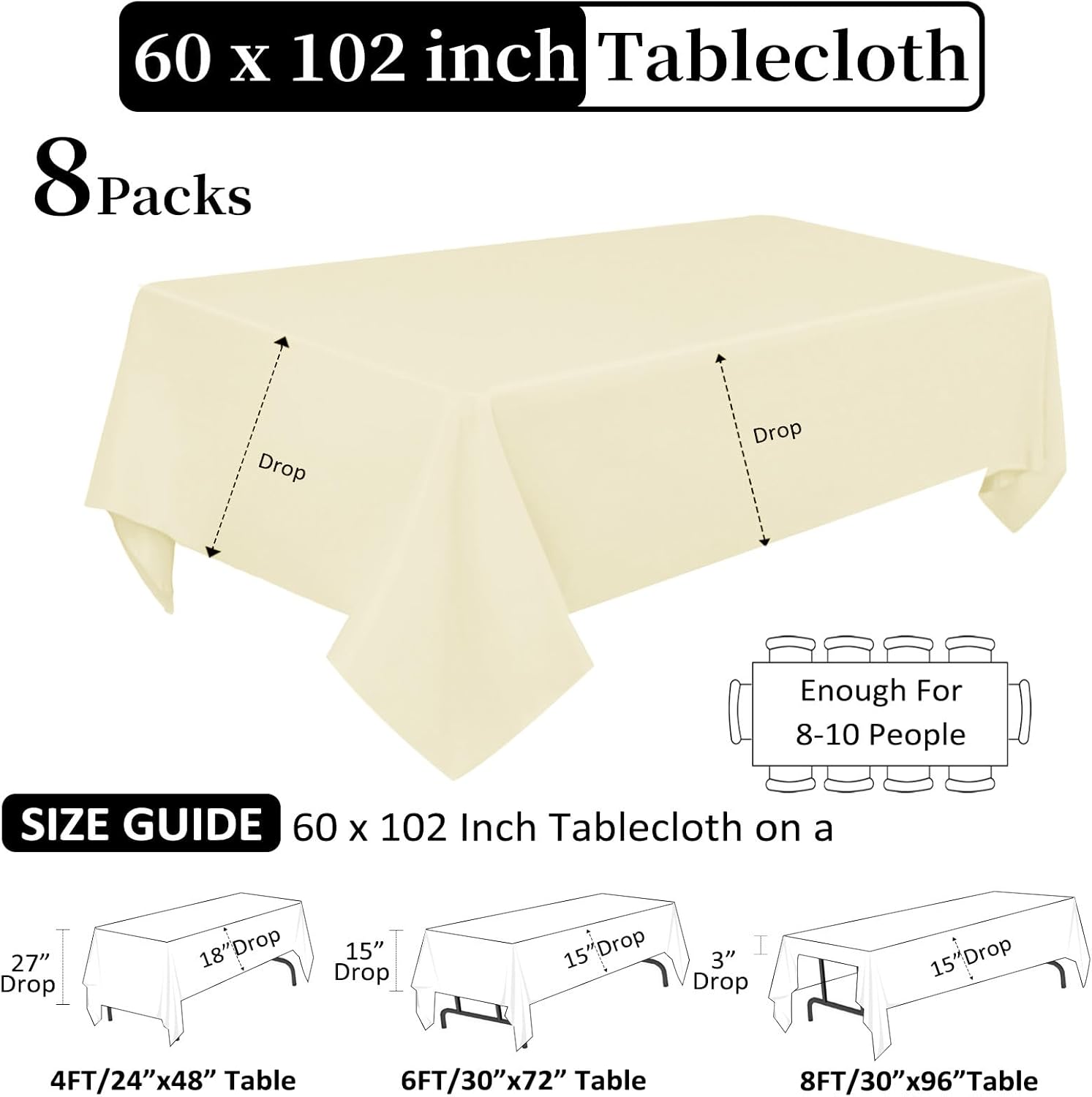 8 Pack Beige Tablecloth 60 x 102 Inch Rectangular Tablecloths for 6 Foot Rectangle Tables, Wrinkle Resistant Beige Table Cloth Washable Polyester Fabric for Buffet Wedding Party Banquet Beige 8 Pack - 60 x 102 Inch