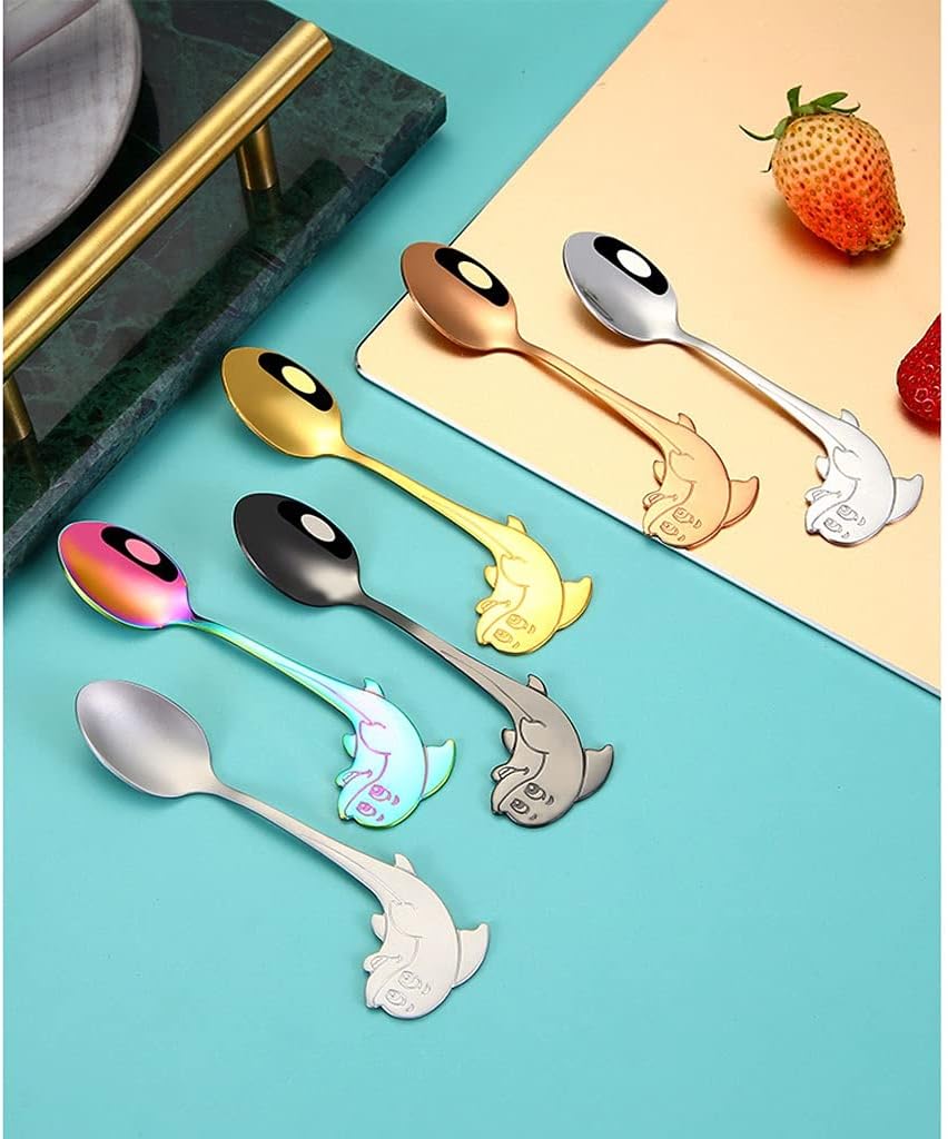 Tea spoons Stainless Steel Spoon Short Handle Coffee Spoon Stirring Spoon Creative Dolphin Head Dessert Spoon Hook Spoon Suitable for Family Use 5 Small Soup Spoons Ice tea spoons (Color : Silver
