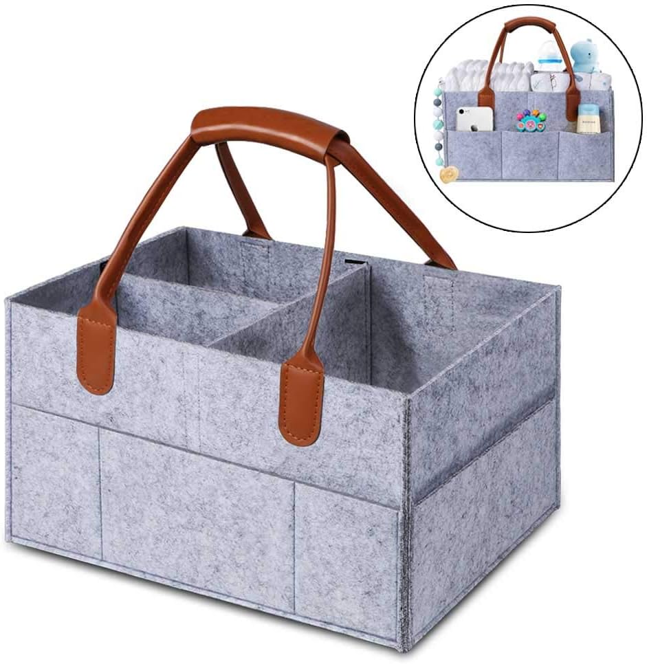 MANLEHOM Baby Diaper Caddy Organizer, Removable Dividers Nursery Storage Bin, Felt Collapsible Portable Basket Bag with PU Leather Handle, Good for Closet Bedroom Bathroom Car Travel