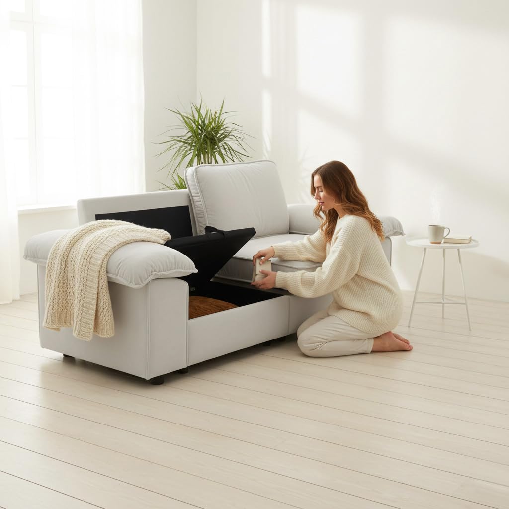 Ball & Cast 2 Sitzer Sofa mit Schlaffunktion - Couch mit Stauraum unter dem Sitz, 201x89x91 cm (BxHxT), Komfortabel für Moderne Wohnzimmer, Cremeweiß