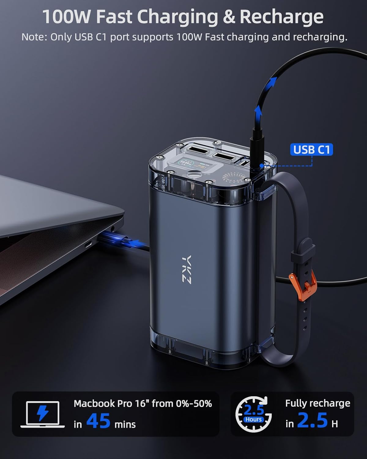 YKZ 100W Laptop Portable Charger 40000mAh, Waterproof Big Power Bank with Digital Display 5 Modes Lighting, USB C PD Battery Pack for Outdoor Camping Road Trips and Emergency Home Backup 40000mAh 100W Power Bank image 2 of 8 B0CDX2G1SR