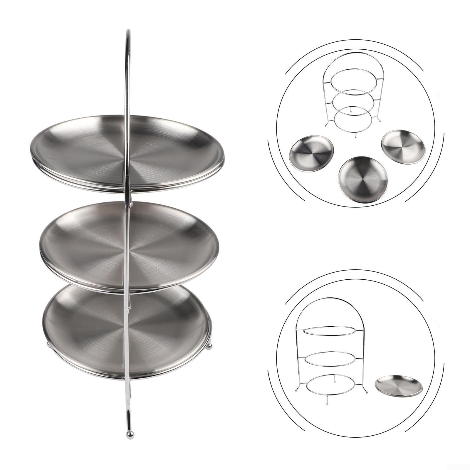 Mensola da portata in acciaio inox a 3 piani per dessert e snack, alzata rotonda per torte in acciaio inox 304, lavabile in lavastoviglie, vassoio moderno per buffet e feste, argento (argento)