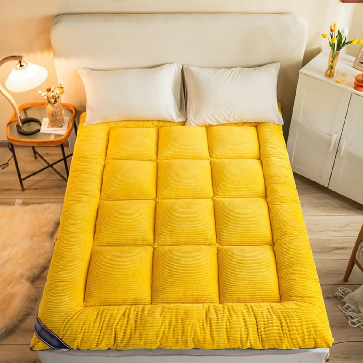 Queen Size Mattress Pad Plush Mattress Topper Soft Futon Mattresses Quilted Fitted Mattress Protector Cotton Top Breathable Mattress Cover for Day Bed (Color : Yellow, Size : 150cm*200cm)