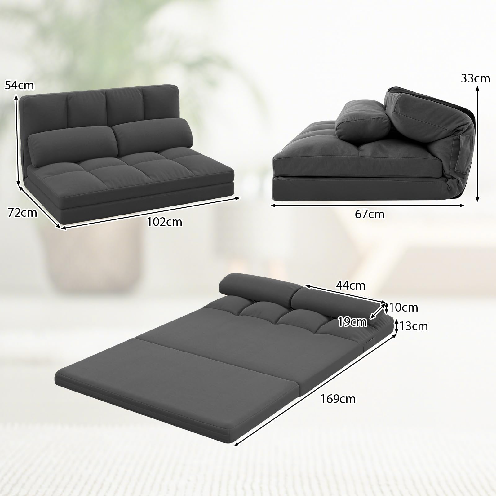 COSTWAY Klappbares Bodensofa, 3 in 1 Schlafsofa mit Schlaffunktion und Verstellbarer Rückenlehne, Sofabett mit 2 Kissen, Klappsofa für Wohnzimmer und Schlafzimmer (Dunkelgrau)