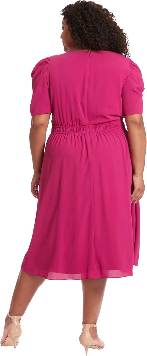 London Times Women's Caterpillar Puff Sleeve Midi Dress - Gathered Waist A-Line Flowy Summer Dress - Image 6
