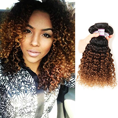 1B/#30 Ombre Brazilian Kinky Curly Hair 3 Bundles, 10A Dark Blonde Curly Weave Human Hair Extensions 100g, 100% Unprocessed Brazilian Hair Color Brown (10"10"10", 1B/30)