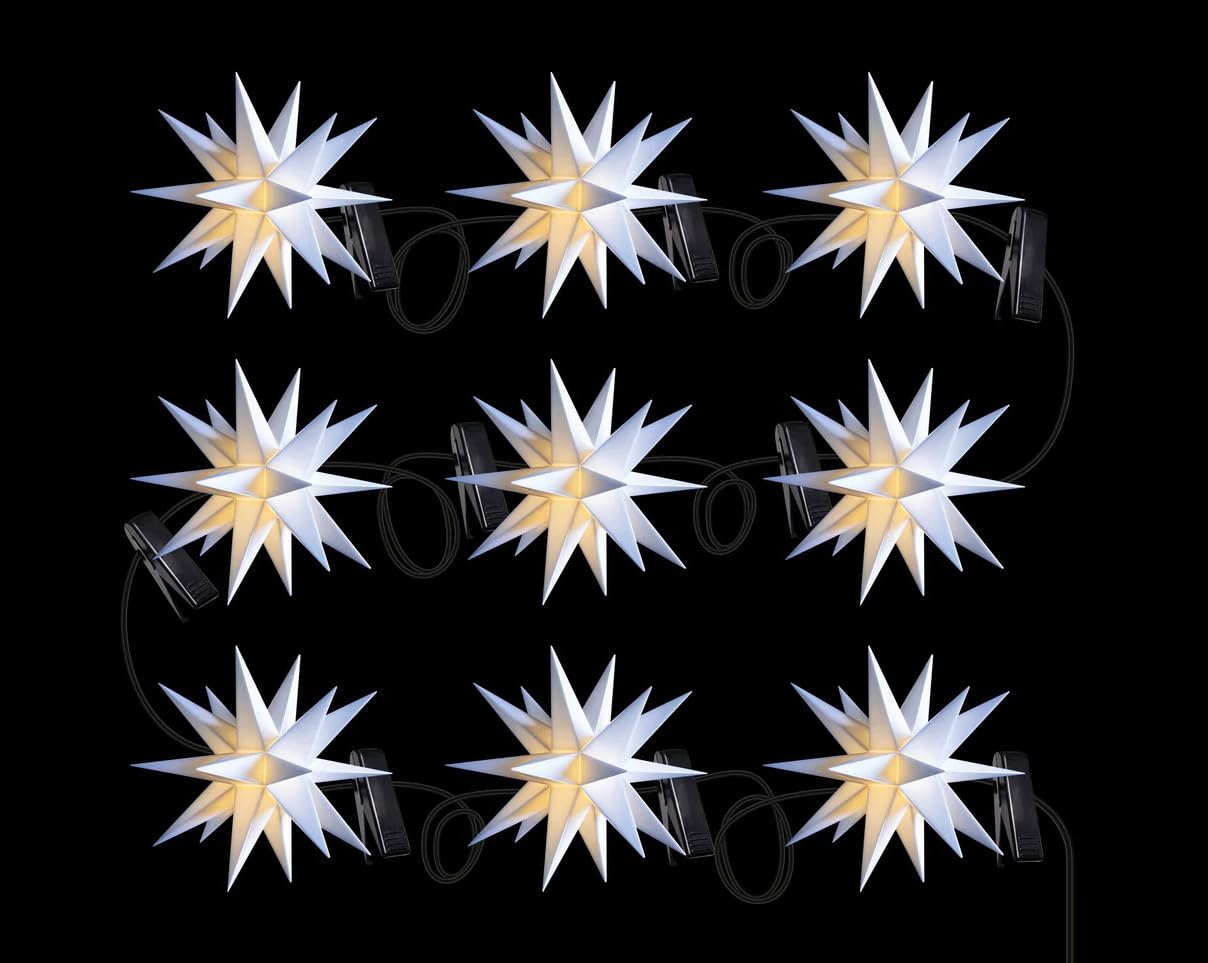 3D LED 9 kleine Sterne Ø 8 cm Sternenkette Lichterkette Weihnachtsstern Außenstern Adventsstern - für den Tannenbaum für innen und außen – Länge 8 m Kabel mit Timer wetterfest von Dekowelt (Weiß)