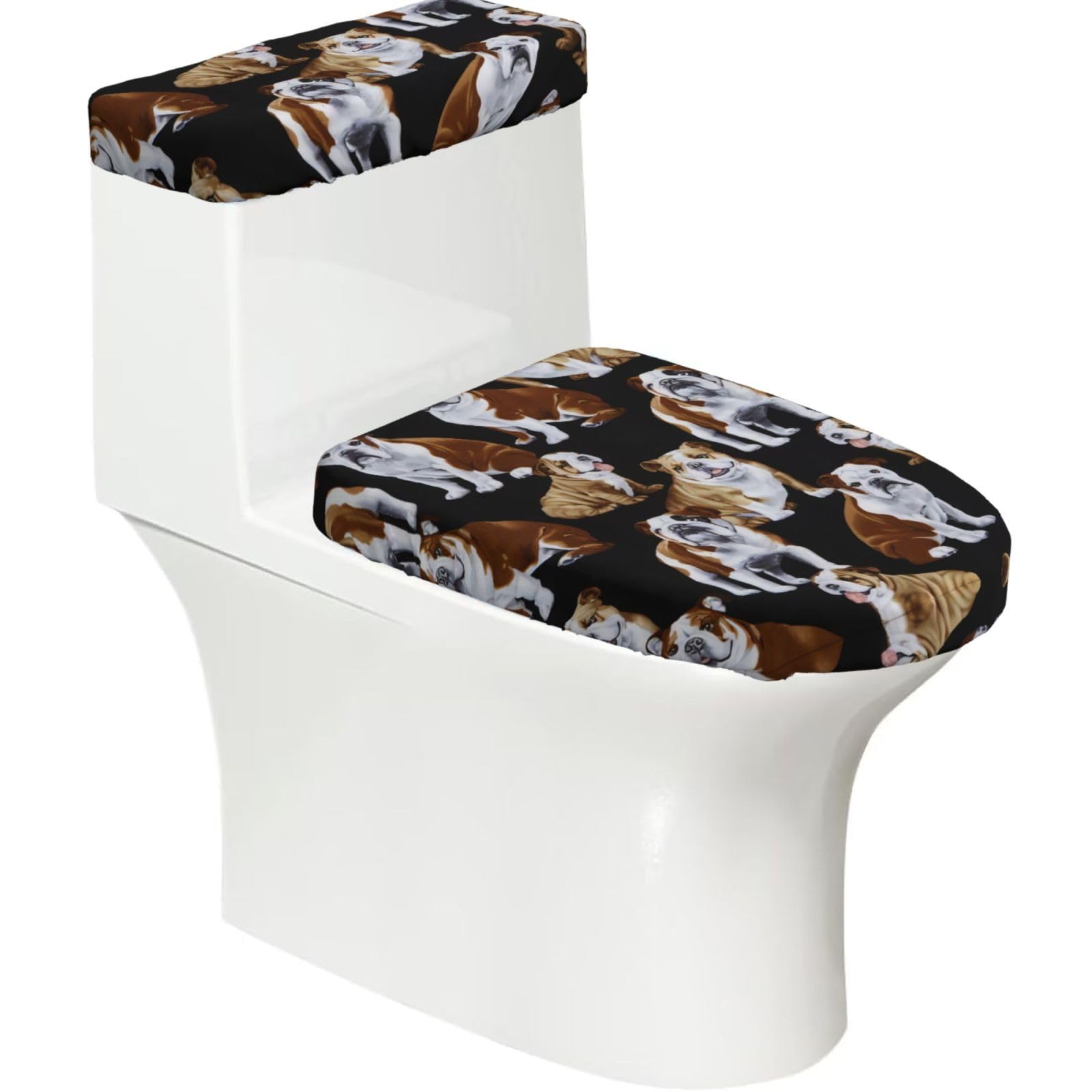 Wzycwb Black English Bulldogs 2-Piece Toilet Seat Cover Set With Tank Lid, Elastic Fit For U-Shape & Elongated Toilets, Bathroom Decor, Housewarming Gift