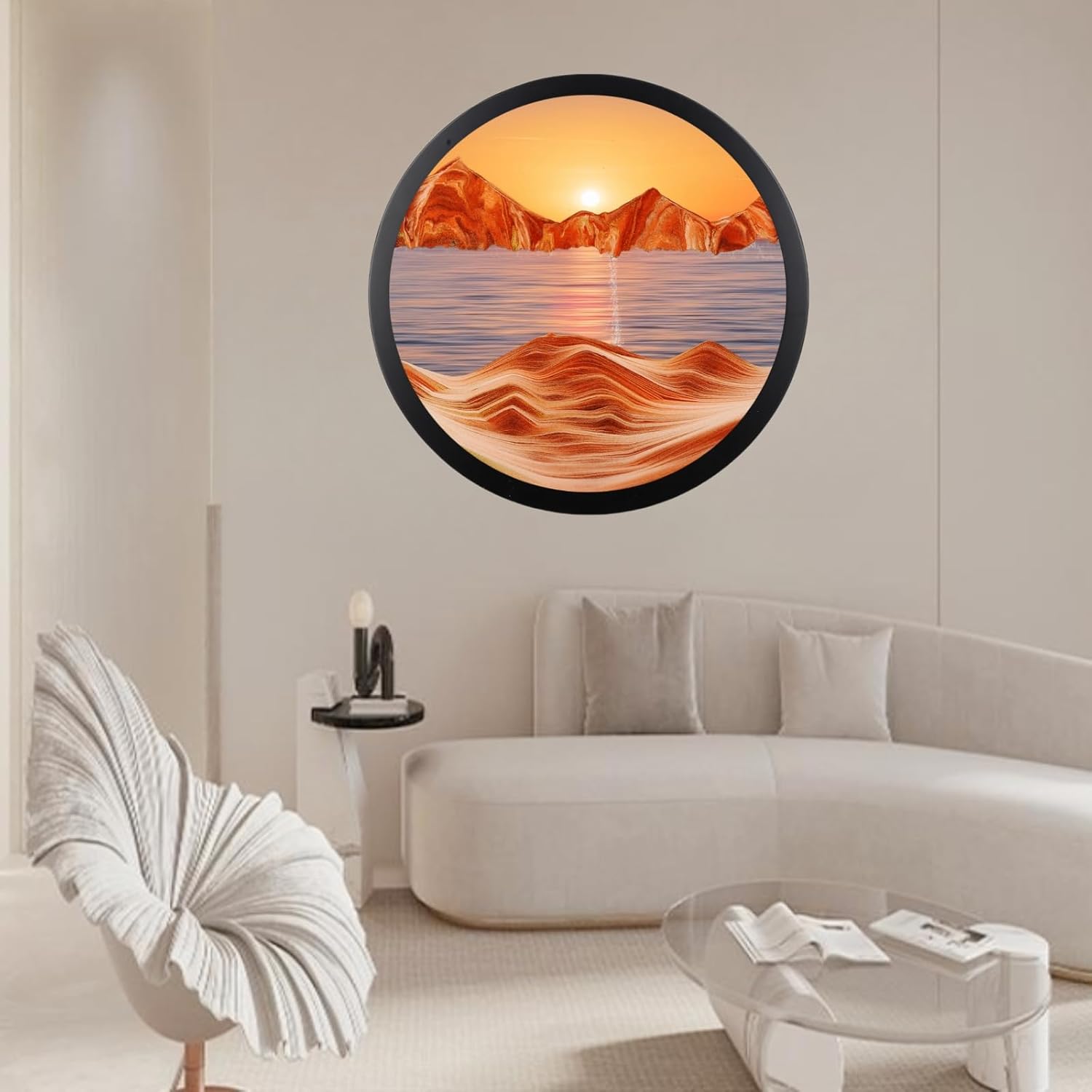 BGFJYUK 17.3" Moving Sand Art Décor, Wall Mounted Sand Art Liquid Motion 3D Dynamic Sculpture,360°Rotate Wall Art Deep Sea Sandscape,Glass Crafts Solid Wood Frame,Relaxing Quicksand Décor (Orange) 17.3inch Orange