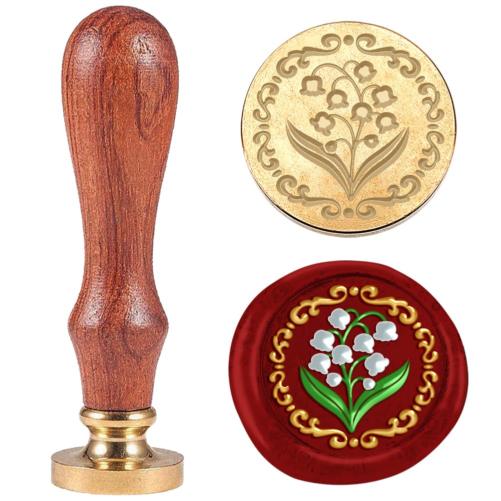 DELORIGIN 3D Lily of the Valley Wax Seal Stamp Embossed Stamp Sealing Removable 1" Flower Brass Wax Seal Stamp Head with Wooden Handle Sealing Wax for Wedding Invitations Envelopes Gift Packing Craft