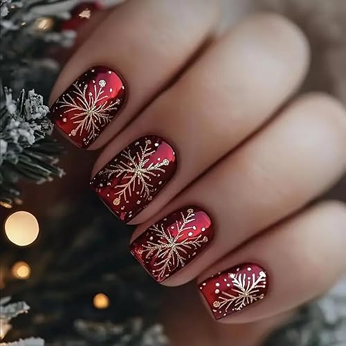 Red Christmas Press on Nail Short Square Fake Nails Gold